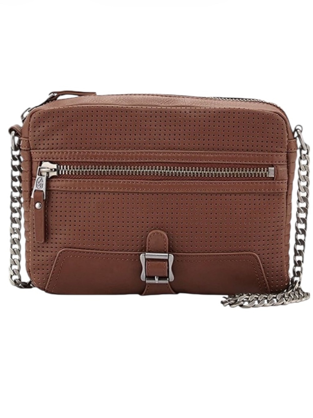 Ash Riley Perforated Leather Chain Shoulder Strap Buckle Saddle Crossbody Bag